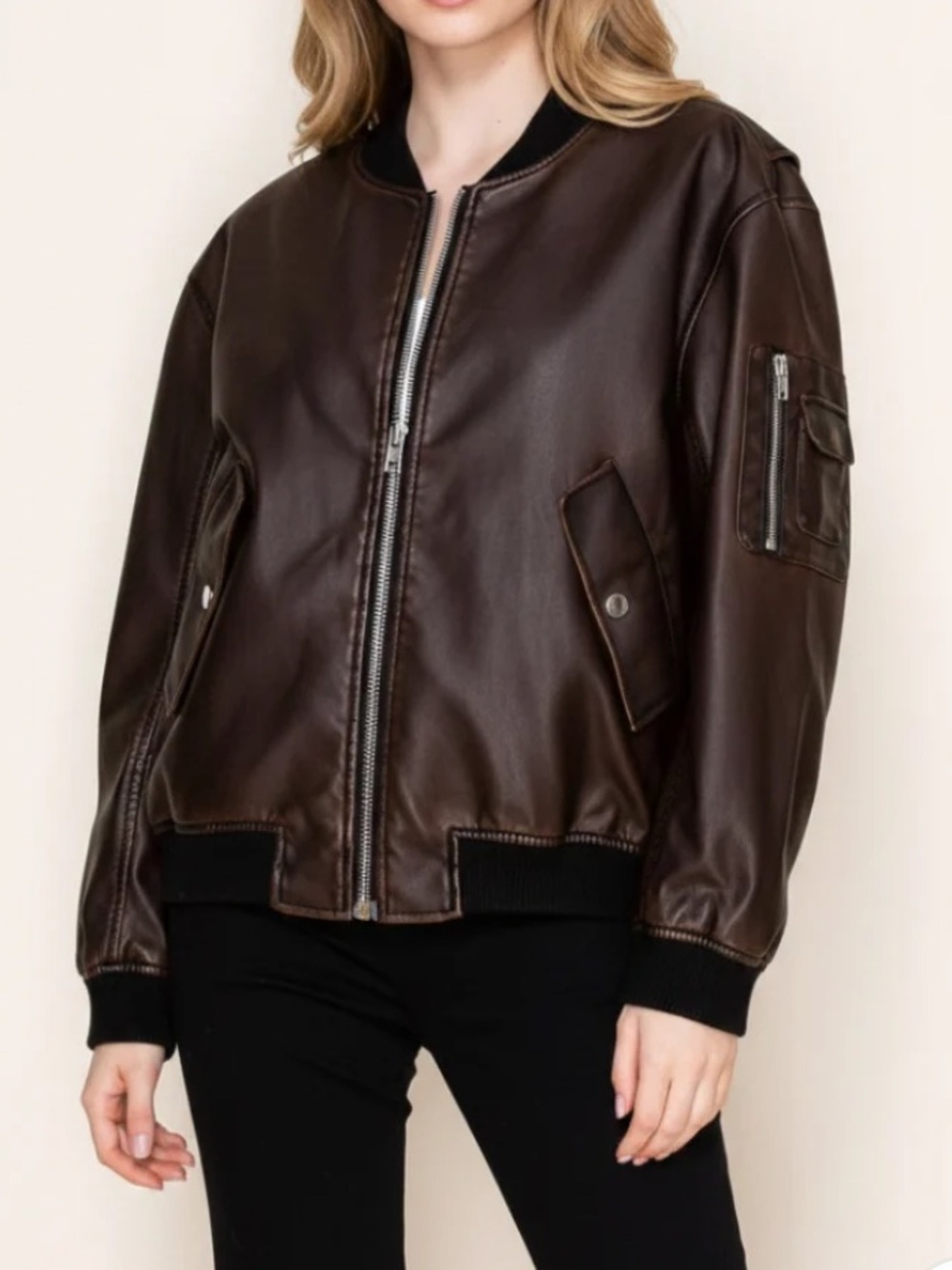 White Birch Vegan Leather Bomber Jacket Brown w